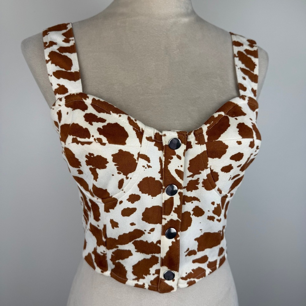 Altar'd State Brown Cow Print Corset Bustier Crop Top Snap Front Buttons Sz Med - Picture 3 of 8